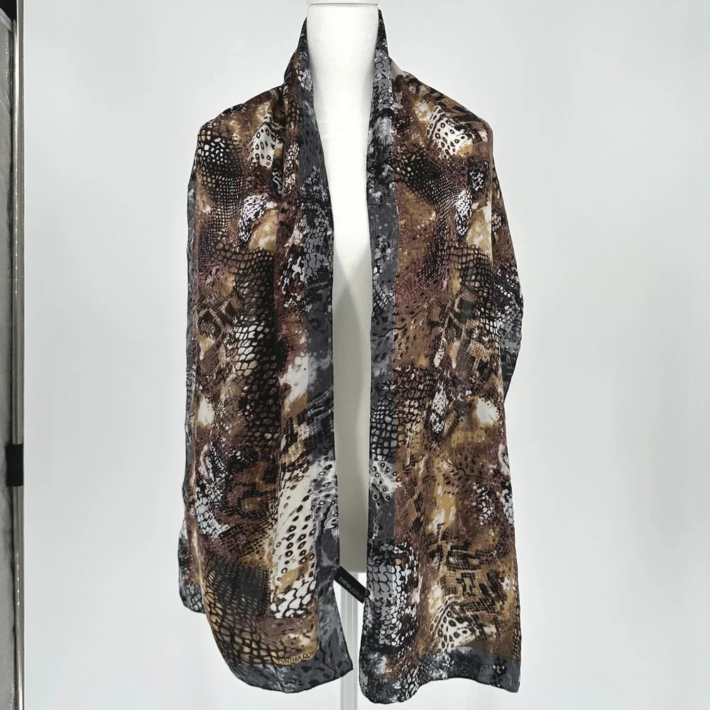 Cynthia Rowley 100% Silk Scarf Brown Grey Animal Snakeskin Leopard Print 65 x 14